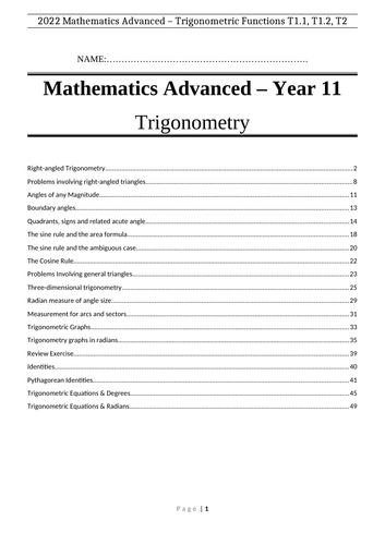 Mathematics Advanced Trigonometry Booklet - Year 11 - Preliminary