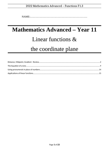 Mathematics Advanced Linear Functions Booklet - Year 11 - Preliminary