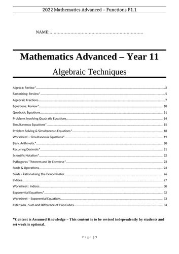 Mathematics Advanced Algebraic Techniques Booklet - Year 11 - Preliminary