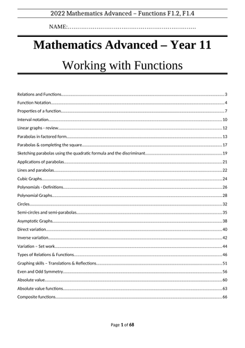 Mathematics Advanced Working with Functions Booklet - Year 11 - Preliminary