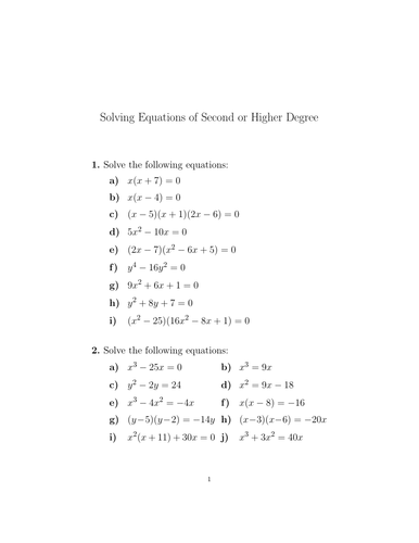Solving Equations of Second or Higher Degree Worksheet No 2 (with ...