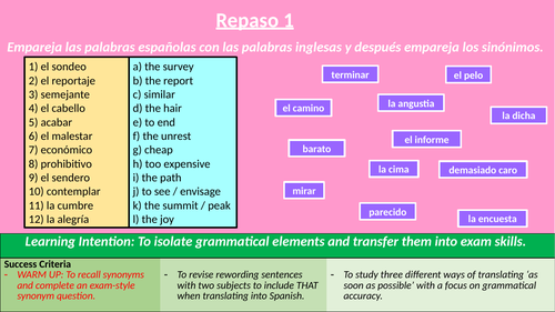 A-Level Spanish Revision Class 1 - Synonyms, Sentences with 2 Subjects ...