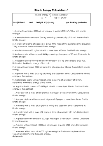 Kinetic Energy Calculations Worksheets