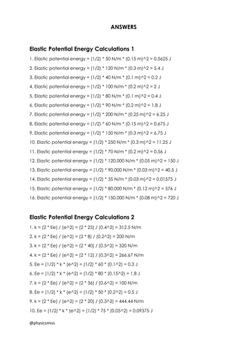 Elastic Potential Energy Calculations Worksheets | Teaching Resources