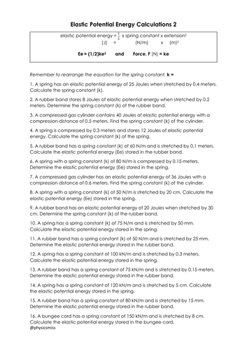 Elastic Potential Energy Calculations Worksheets | Teaching Resources