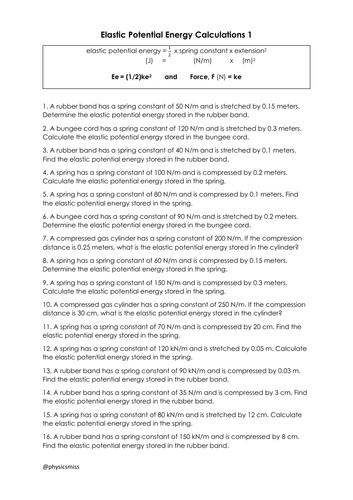 Elastic Potential Energy Calculations Worksheets