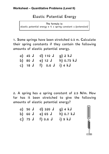 Elastic Potential Energy: Calculation Sheets | Teaching Resources