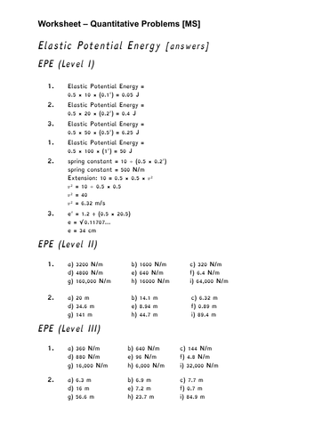 Elastic Potential Energy: Calculation Sheets | Teaching Resources