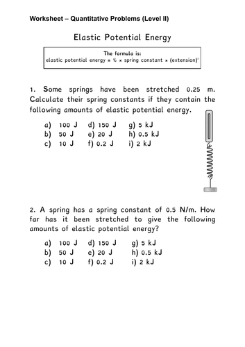 Elastic Potential Energy: Calculation Sheets | Teaching Resources