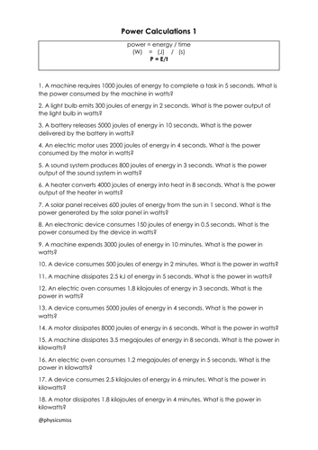 Worksheets Power Energy Time Calculations