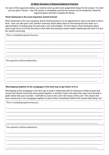 Edexcel Re 12 Mark Question Practice Judaismthemes Teaching Resources