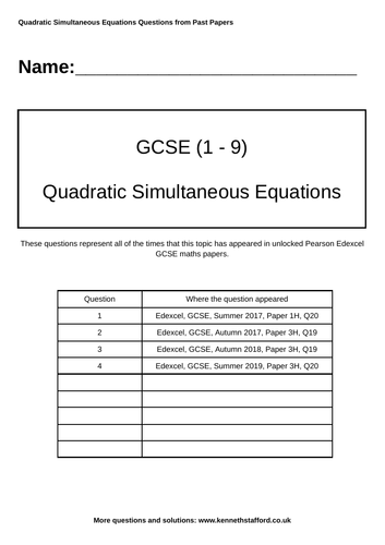Quadratic Simultaneous Equations Past paper Questions (Edexcel ...