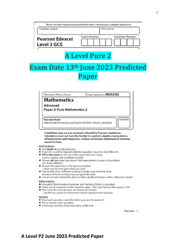 Edexcel A Level Mathematics Predicted Paper Pure 2 June 2023 Teaching