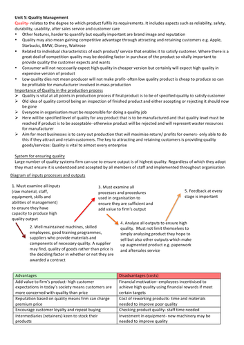 ccea AS business studies quality management revision notes