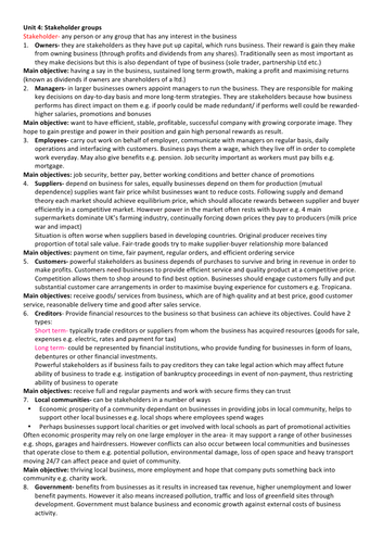 ccea AS Business Studies stakeholder groups revision notes