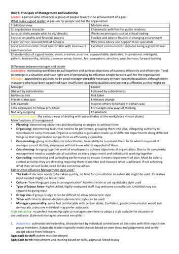 ccea AS business studies principals of management and leadership revision notes