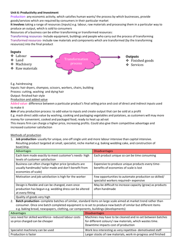 ccea AS business studies productivity and investment revision notes