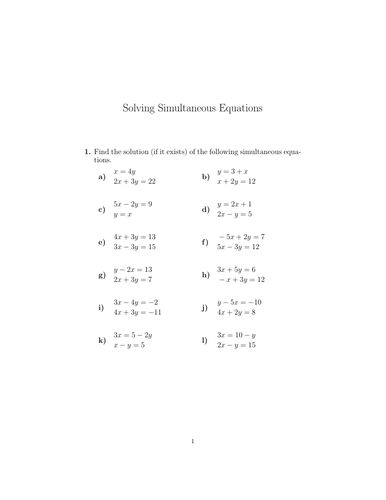 Solving Simultaneous Equations Worksheet No 2 (with solutions ...