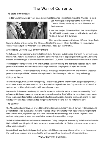 War of Currents AC DC- Disciplinary Literacy for Science | Teaching ...