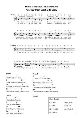 Performing Worksheet - America from West Side Story | Teaching Resources