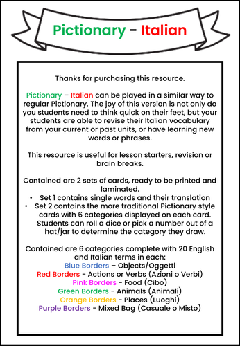 Language Learning Vocabulary Pictionary Cards - Italian | Teaching ...