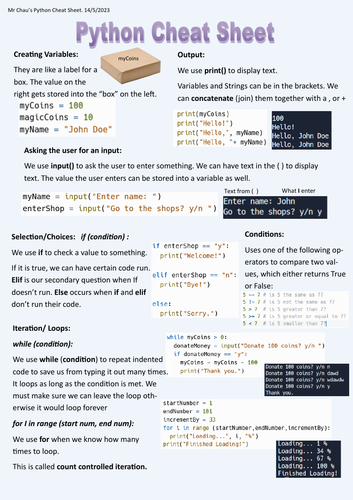 Python Help Sheets + Quiz Quiz Trade | Teaching Resources