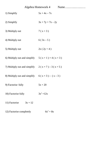 Algebra Homeworks Set of 10 | Teaching Resources
