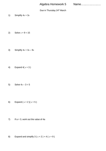 Algebra Homeworks Set of 10 | Teaching Resources