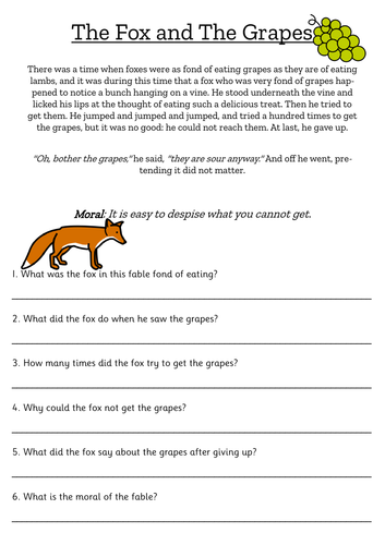 Fables Reading Comprehension A | Teaching Resources