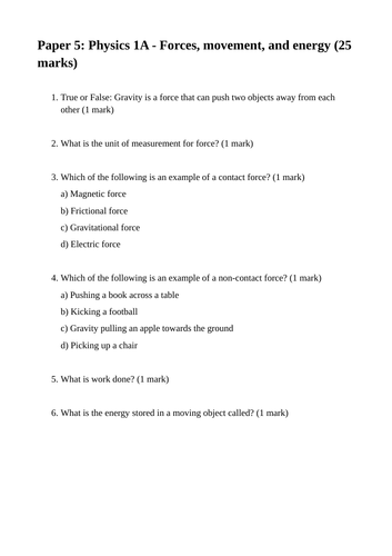 Entry Level Curriculum Science Paper 5 Physics 1A MCQ - Forces, movement, and energy