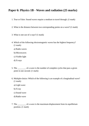 Entry Level Science Curriculum Paper 6 Physics 1B - Waves and radiation