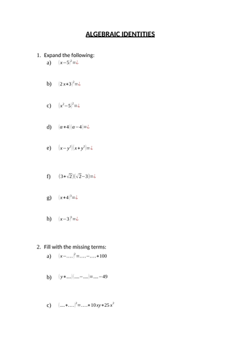 Algebraic Identities Review Worksheet (with solutions) | Teaching Resources