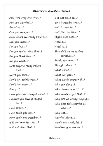 Literary Devices: Rhetorical Question Stems | Teaching Resources