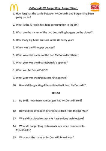 Business Documentary Worksheet - McDonald's Vs Burger King: Burger Wars ...