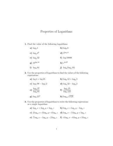 Properties of Logarithms Worksheet (with solutions) | Teaching Resources