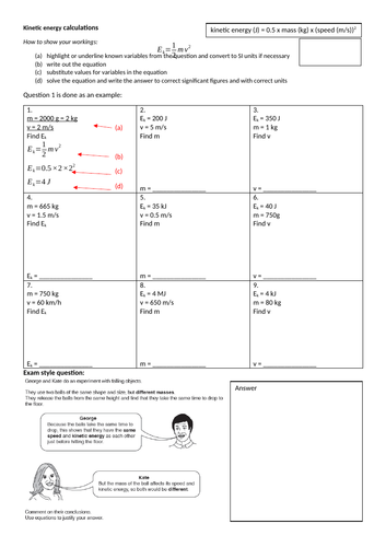 Kinetic Energy Equation Practice