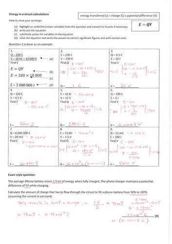 Energy in circuits equation practice