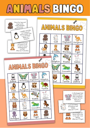Animals Bingo Game | Animal Vocabulary Activity | ESL Bingo for Kids