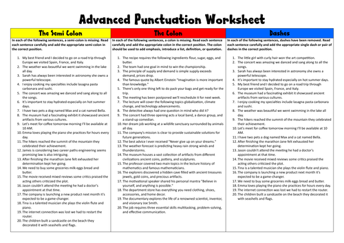 Advanced Punctuation lesson and worksheet (colon, semi colon, dash)