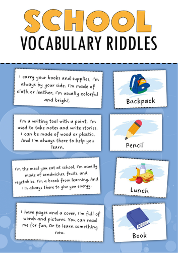 School Vocabulary Riddles | Guess the School Word | ESL Reading & Speaking Activity