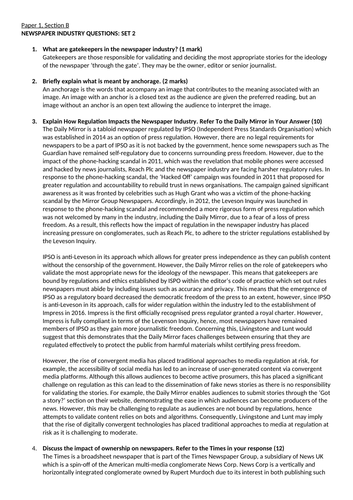 Set of exemplar answers for newspaper industry questions | Teaching ...
