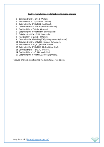 Relative Formula Mass Ks4 Worksheet Questions And Answers Teaching Resources 6432