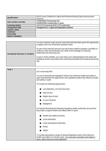 NCFE Sport Project 1: Sports Coaching, Leadership in Sport, Assessing ...