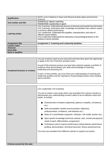 NCFE Sport Project 1: Sports Coaching, Leadership in Sport, Assessing ...