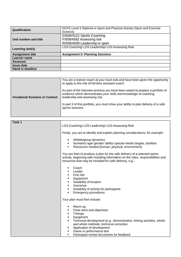 NCFE Sport Project 1: Sports Coaching, Leadership in Sport, Assessing ...