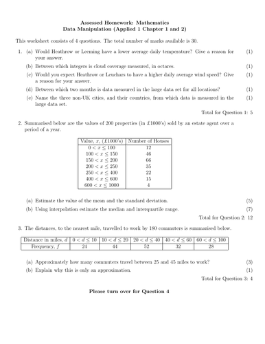Edexcel Applied 1 Chapter 1 and 2 Homework - Data | Teaching Resources