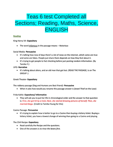 Teas 6 test Completed all Sections; Reading, Mathematics, Science ...