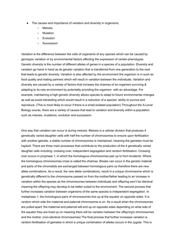 BIOLOGY AQA 25/25 ESSAY The cause and importance of variation and diversity in organisms