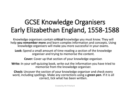 Edexcel GCSE History Early Elizabethan England knowledge organisers ...