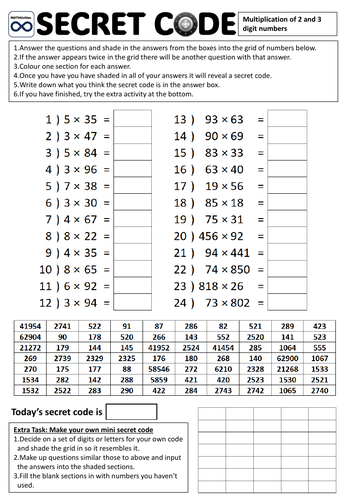 Secret Code Activity for Maths. Theme: Multiplying 2 and 3 digit ...